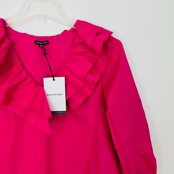 Who What Wear Women's Dress Medium Mini Pink Ruffle Long Sleeve V-neck New - Picture 2 of 10